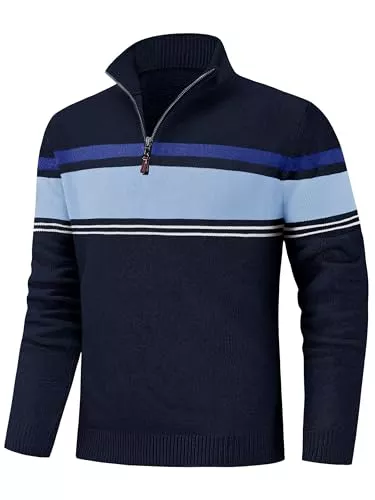 Cavva Pullover & Strickmode CAVVA Rollkragenpullover Herren Gestreift mit 1/4 Zip Stehkragen Langarm Winterpullover Baumwolle Sweater für Herren