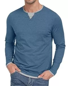 Hisir Langarmshirts Hisir T Shirt Herren Henley Shirt Baumwolle Langarm Regular Fit Layered Kontrastfarbenes Design Casual T-Shirts für Herbst und Winter