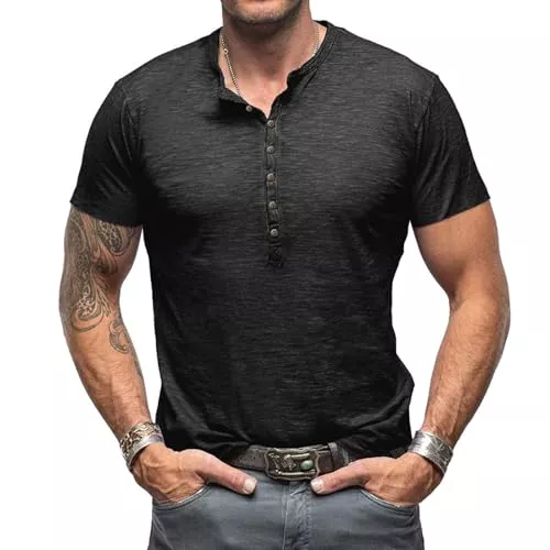 CTU T-Shirts Henley Shirt Herren Kurzarm T-Shirts für Herren V Ausschnitt Vintage Slim Fit Kurzarm Knopf T-Shirt M-3XL
