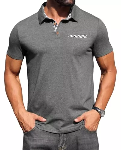 Hisir T-Shirts Hisir Poloshirt Herren Kurzarm Baumwolle Stretch Polo Hemd mit Kariertem Kragen &amp; Brusttaschendetail Sommer Casual T-Shirt für Männer Business Freizeit &amp; Golf