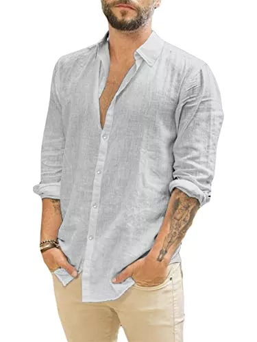 Runcati Hemden Runcati Herren Langarm Leinenhemd Umlegekragen Hemd Business Freizeithemd Sommer Shirt