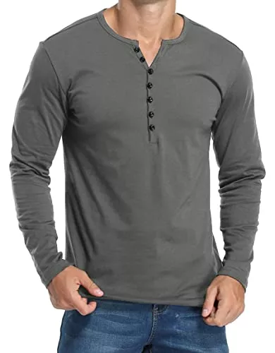 HAUSEIN Langarmshirts Herren Henley Shirts Langarmshirt Casual T Shirt Slim Fit Knöpfe Basic T-Shirts
