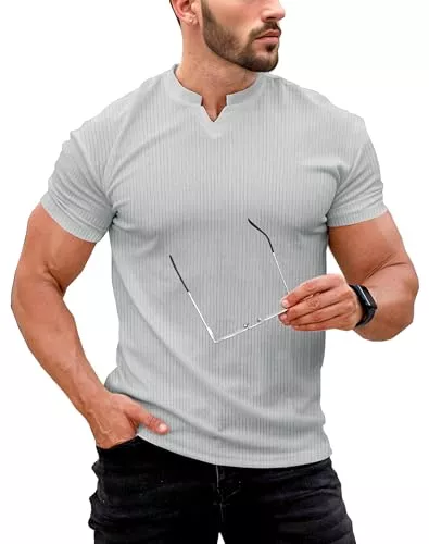 Lehmanlin T-Shirts Lehmanlin Muskel-T-Shirt für Herren, Langarm&amp;Kurzarm, Slim Fit, Rippe V-Ausschnitt-T-Shirt, Stretch, Lässig, Modisch, Business-Oberteile