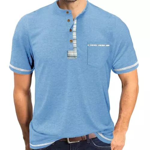 LAOARA T-Shirts LAOARA T Shirt Herren Tshirt Sommer Henley Kurzarm V Ausschnitt Männer Slim Fit Knopfleiste Tee mit Tasche M-3XL