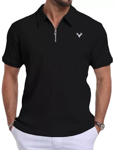 KUYIGO Poloshirts KUYIGO Herren Kurzarm Polohemd von aus Strickmaterial mit Reißverschluss am Kragen und Hirschkopf-Motiv EIN atmungsaktives kühles Sommer Golf-Polohemd Größen S–2XL