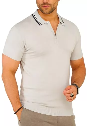 Soulstar Poloshirts Soulstar Herren Strick Poloshirt Kurzarm T-Shirt Polo-Hemd Knit Oberteil mit Knopfleiste Strick-Polo Golf-Polo Tennis-Polo mit Kontrast-Stripes