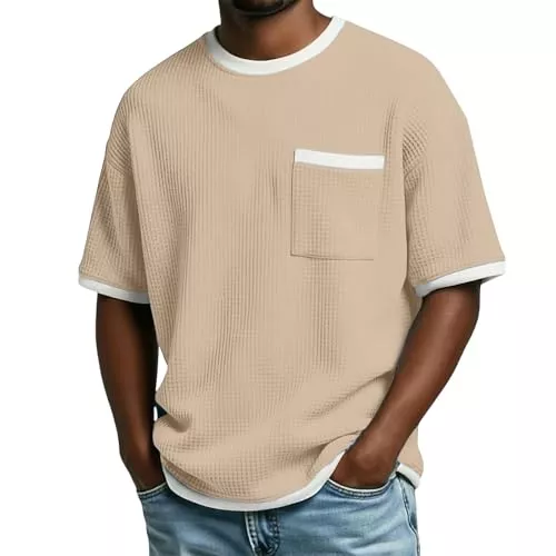 Generic T-Shirts Tshirt Herren Sommer Atmungsaktiv T-Shirts Einfarbig Rundhals Shirt Bequem Wandershirt Klassische Laufshirt mit Brusttasche Freizeit Waffelpique Kurzarm für Alltags