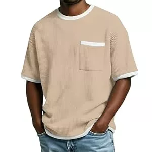 Generic T-Shirts Tshirt Herren Sommer Atmungsaktiv T-Shirts Einfarbig Rundhals Shirt Bequem Wandershirt Klassische Laufshirt mit Brusttasche Freizeit Waffelpique Kurzarm für Alltags