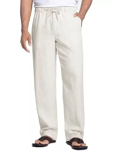 COOFANDY Hosen COOFANDY Herren Leinenhose mit Kordelzug Leicht Sommerhose Yogahose Seitetasche Strandhose Herren Hose Lang Männer Lounge-Hose Weiß L