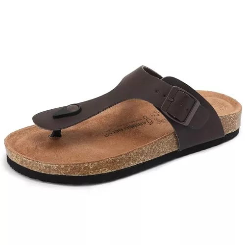 ARRIGO BELLO Sandalen & Slides ARRIGO BELLO Damen Zehentrenner Pantoletten Natur Kork Leder Flip Flops Leicht Rutschfest Sommer Slip On Flach Sandalen Verstellbare Schnalle EU 36-46(D-Braun,38)