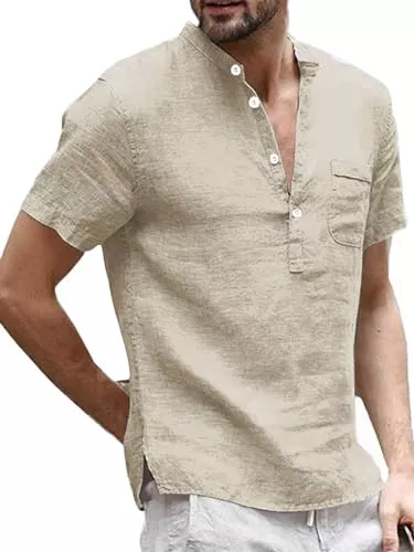 Runcati Hemden Runcati Herren Leinenhemd Henley Shirt Kurzarm, Khaki, M