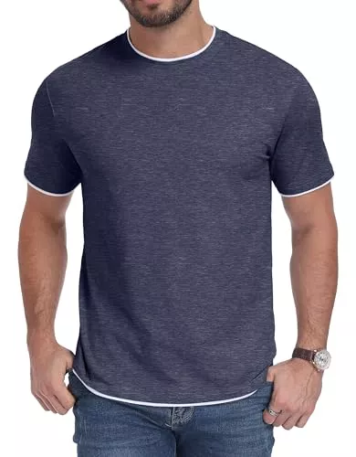 Hisir T-Shirts Hisir Herren T-Shirt 95% Baumwolle 5% Spandex Kurzarm Rundhals mit Kontrastrand Weiches Tee Shirt Klassische Passform für Sommer &amp; Alltag