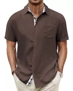 HMIYA  HMIYA Herren Kurzarm Hemd 100% Baumwolle Button Down Freizeithemden Sommer Strand Regular Fit Shirt,Zartbitterschokolade,M