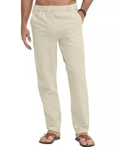 LVCBL  LVCBL Herren Leinenhose Einfarbiges Lang Leicht Sommerhose Loose Fit Freizeithose Khaki M