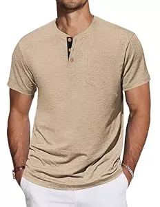 TARAINYA Poloshirts TARAINYA Henley T-Shirts Herren Baumwolle Shirt Kurzarm Einfarbig Basic Tee Männer Sommer mit Tasche Khaki M