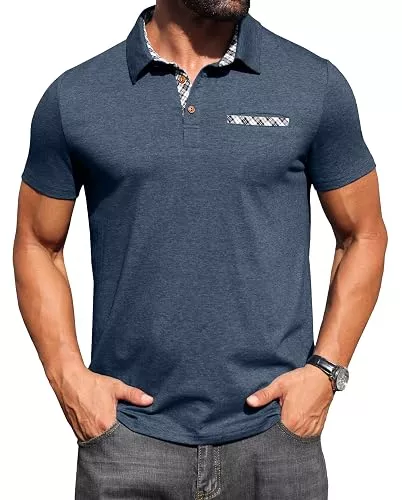 Hisir Poloshirts Hisir Poloshirt Herren Kurzarm Baumwolle Stretch Polo Hemd mit Kariertem Kragen &amp; Brusttaschendetail Sommer Casual T-Shirt für Männer Business Freizeit &amp; Golf