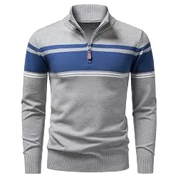 APAELEA Pullover & Strickmode Herren Viertel-Zip Stehkragen Pullover Casual Polo-Pullover Gestreift Sweater Winter Strickpullover