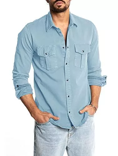 UERI Hemden Herren Baumwolle Hemd Langarm Druckknopf Einfarbig Hemdjacke Elegant Freizeithemd Shirt