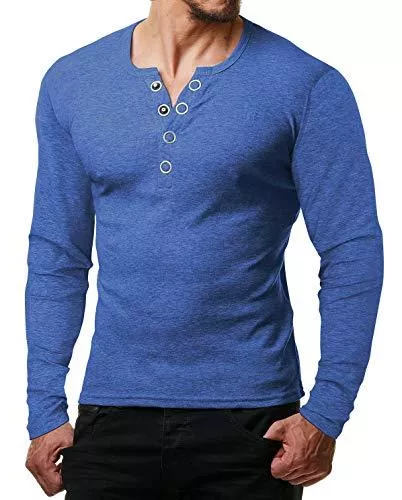 ReRock Langarmshirts ReRock by Young &amp; Rich Herren Longsleeve Langarm T-Shirt Knopfleiste V Ausschnitt - Henley Shirt Slim fit mit Großen Knöpfen - Serafino Shirt