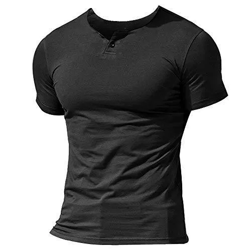 Muscle Alive T-Shirts Herren Henley Beiläufig Kurzarm T-Shirt Single Taste Knopfleiste Einfacher V-Ausschnitt Hemden Baumwolle