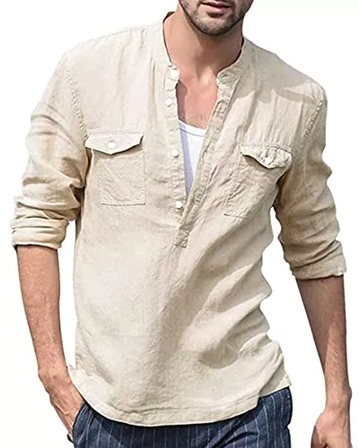 LVCBL Hemden LVCBL Hemd Herren Langarm Henley Sommerhemd Freizeithemd Leinenhemd Regular Fit Men Shirts