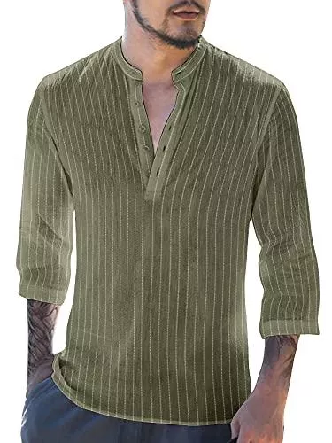 Gemijacka Hemden Gemijacka Hemd Herren Leinenhemd Herren Freizeithemd Henley 3/4 Ärmellänge Regular Fit Kragenloses Shirt