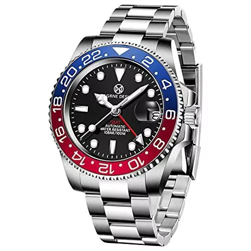 PAGRNE DESIGN Uhren PAGRNE DESIGN Fashion GMT Automatik Herrenuhr-Business Casual Edelstahlarmband-Luxus Kratzfestes Saphirglas
