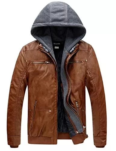 Wantdo Jacken Wantdo Herren Winddichte Leder Jacke Warme Winter Mäntel Motorrad Retro PU Jacke Matte Textur Jacke Verdickt Windbreaker mit Kapuze