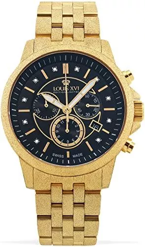 LOUIS XVI Uhren LOUIS XVI Herren-Armbanduhr Aramis Frosted Stahlband Gold Schwarz echte Diamanten Chronograph Analog Quarz Edelstahl