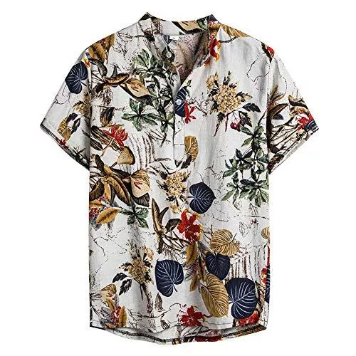 NEWISTAR Hemden NEWISTAR Leinenhemd Herren Kurzarm Relaxed-fit Henley Shirt Männer Retro Ethnische Freizeithemd Sommer Strand Gemustertes Grandad Hemd