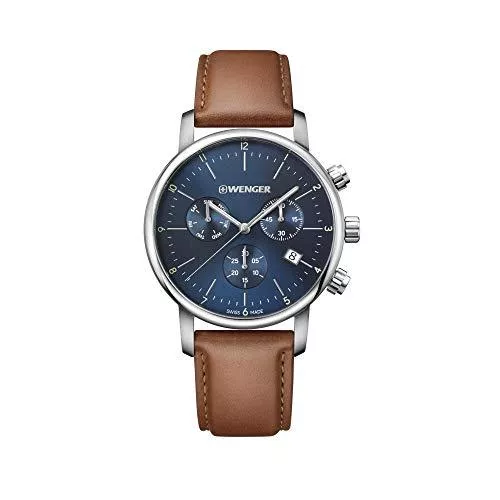 WENGER Uhren Wenger Herren Armbanduhr Urban Classic Chronograph Ø 44mm, Swiss Made, Analog Quarz, Wasserdicht bis 100m, Lederarmband, Saphirglas, Blau/Braun, 01.1743.104