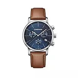 WENGER Uhren Wenger Herren Armbanduhr Urban Classic Chronograph Ø 44mm, Swiss Made, Analog Quarz, Wasserdicht bis 100m, Lederarmband, Saphirglas, Blau/Braun, 01.1743.104