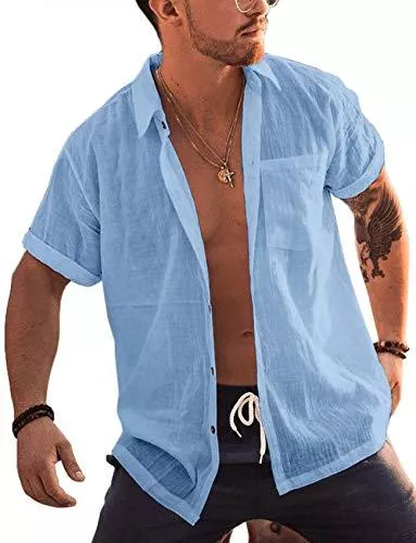 FUERI Hemden Hemd Herren Kurzarm Sommerhemd Leinen Baumwolle Umlegekragen Strandhemd Freizeit Shirts für Männer