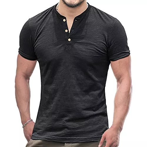 palglg T-Shirts Herren Lange Henley Kurzarm T-Shirt Taste Knopfleiste Einfacher V-Ausschnitt Hemden Baumwolle