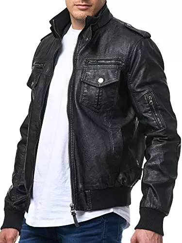 Indicode Jacken Indicode Herren Pawel Lederjacke aus Leder-Imitat m. Stehkragen | Kunstleder Jacke bequeme Herrenjacke f. Biker Übergangsjacke Men Faux Leather Jacket coole Bikerjacke f. Männer