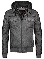 Indicode Jacken Indicode Herren Aaron Lederjacke m. Abnehmbarer Kapuze &amp; 7 Taschen | Kunstleder Herrenjacke Kurze Winterjacke warme Übergangsjacke gefütterte Winter Leder Jacke f. Männer