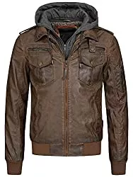 Indicode Jeans Indicode Herren Aaron Lederjacke m. Abnehmbarer Kapuze &amp; 7 Taschen | Kunstleder Herrenjacke Kurze Winterjacke warme Übergangsjacke gefütterte Winter Leder Jacke f. Männer