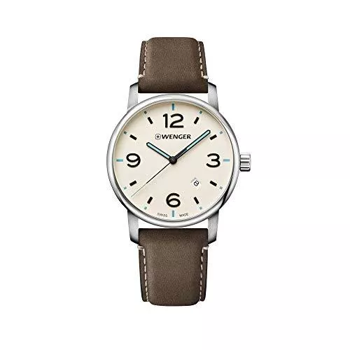 Wenger Uhren Wenger Herren Armbanduhr Urban Metropolitan Ø 42mm, Swiss Made, Analog Quarz, Wasserdicht bis 100m, Leder Armband, Weiß/Braun, 01.1741.118