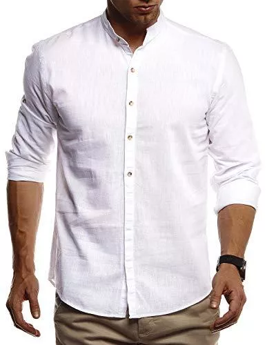 Leif Nelson Hemden Leif Nelson Herren Leinenhemd Hemd Kurzarm Sommer T-Shirt Stehkragen 100% Baumwolle Männer Freizeithemd Slim Fit Kurzarmhemd Jungen Basic Shirt Langarmshirt Freizeit Sweater Sommerhemd LN3860