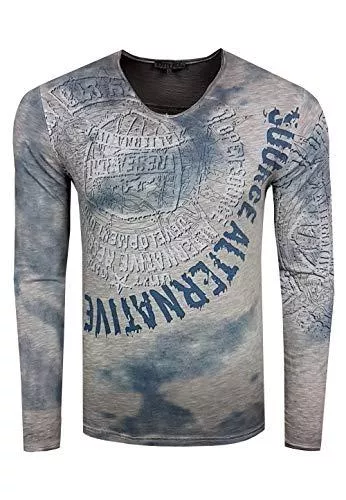 R-Neal Langarmshirts Longshirt Rusty Neal Herren Langarm Shirt Longsleeve Oil Wash Verwaschen Stretch Plakativer Front Print 155