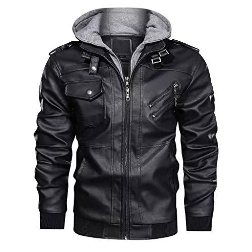 KEFITEVD Jacken KEFITEVD Herren Kunst-Lederjacke Bikerjacke mit Abnehmbarer Kapuze Übergangsjacke Vintage Bomberjacke Stylisch Herrenjacke Herbst Winter Freizeitjacke