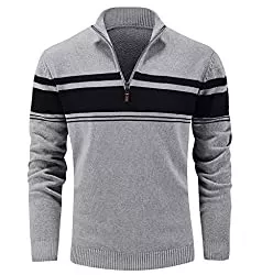 MAGCOMSEN Pullover & Strickmode MAGCOMSEN Herren Strickpullover Stehkragen 1/4 Zip Pullover Gestreift Sweater Baumwolle Langarm Sweatshirt Fleece Stretch Arbeitspullover Herbst Winter Feinstrick Pulli