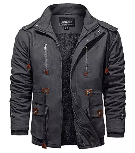 KEFITEVD Jacken KEFITEVD Winterjacke Herren Fleece Gefüttert Military Jacke mit Abnehmbarer Kapuze Winter Fliegerjacke Warme Herrenjacke