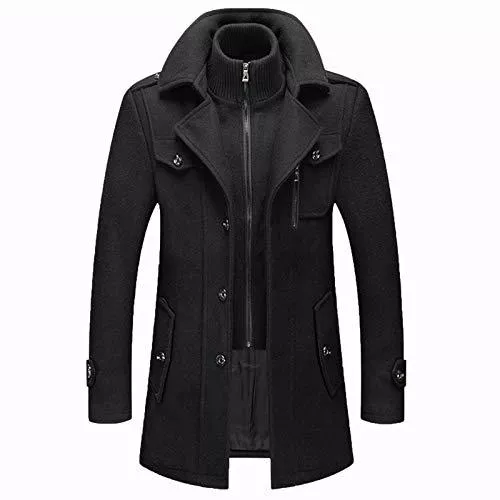 MWbetsy Mäntel Männer Warmer Wollmantel, abnehmbare Doppelkragen Erbsen-Mäntel Casual Winter Business Slim Fit Jacke Plus Baumwollfutter Dicker Abzug im Freien Winddichte Mantel im Freien