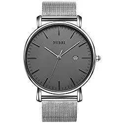 BUREI Uhren Burei Klassische Herren-Armbanduhr, ultradünnes Gehäuse, minimalistisches analoges Zifferblatt mit Datumsanzeige, japanisches Quarzwerk