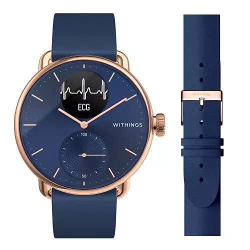 Withings Uhren Withings - Scanwatch 38 mm Roségold Weiß mit Weiß-Grauem FKM Silikonband 18 mm + 1 Lederarmband Marineblau 18 mm - Hybrid Smart Watch mit EKG, Herz-Scan, SPO2 und Schlaftracking