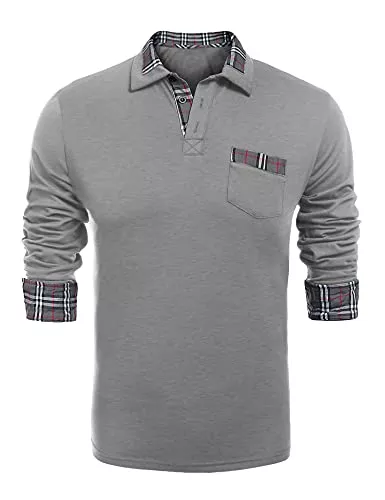 COOFANDY Poloshirts COOFANDY Herren Poloshirt Langarm Kariert Polo Kragen Einfarbig Freizeit Basic Polohemd für Männer