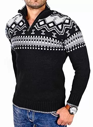 Reslad Pullover & Strickmode Reslad Herren Strickpullover Crewneck Zipper Winterpullover für Männer Norweger Pullover RS-3110