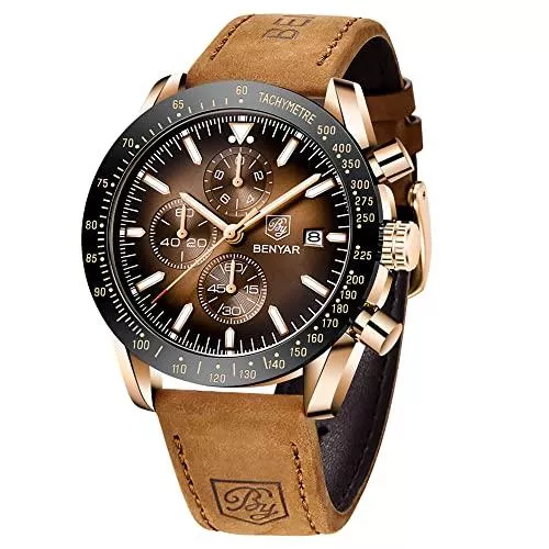 BENYAR Uhren BENYAR herrenuhr Braun Leder Strap Chronograph Quarz Uhr Männer Datum Kalender Wasserdicht Armbanduhr Herren Sport mit Blau/Schwarz Zifferblatt Elegantes Geschenk