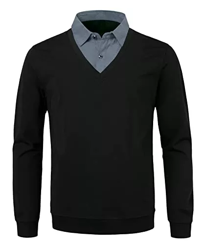 Yukirtiq Pullover & Strickmode Yukirtiq Herren 2 in 1 Hemd Kragen Langarm Strick-Pullover V-Ausschnitt Strickpullover Strick Feinstrick Sweat Schlicht Casual Sweatshirt